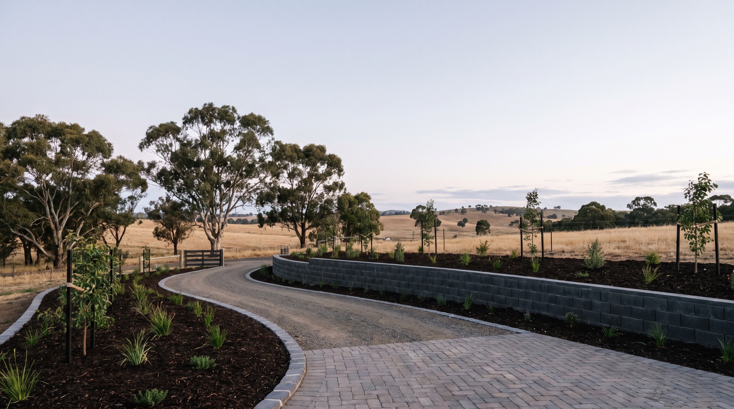A curved gravel driveway and paver crossover beside a charcoal block retaining wall at dusk