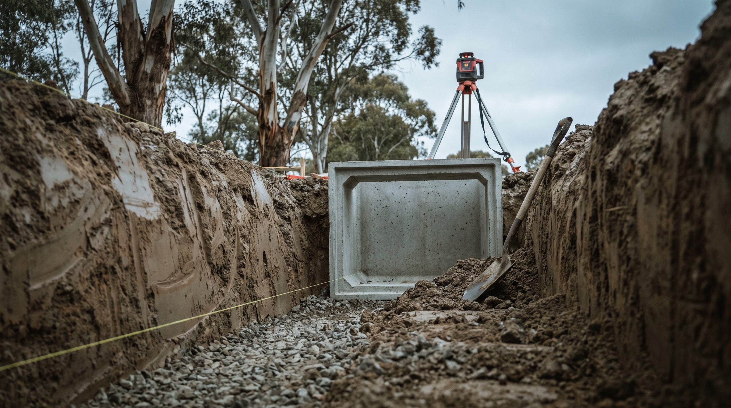 A precast concrete pit set in an open trench with a laser level on a tripod behind it