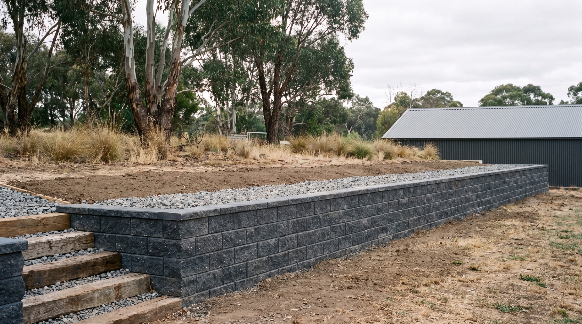 A long charcoal block retaining wall with a gravel drainage strip along its top, gums behind