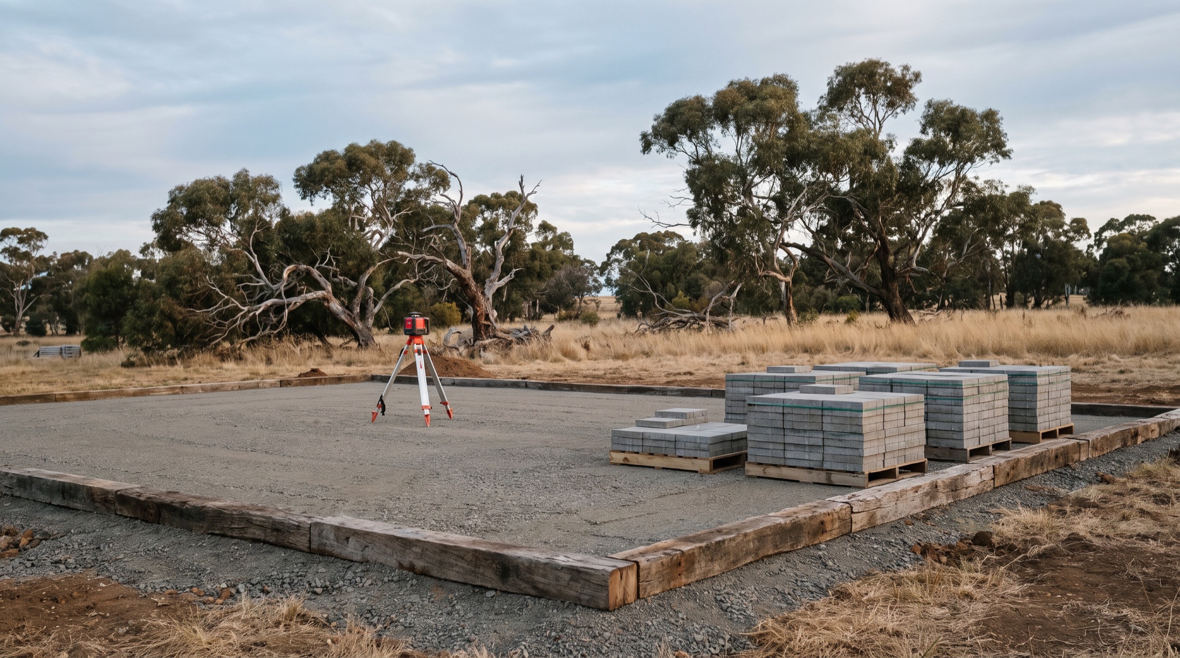 A compacted base boxed with timber sleepers and stacked pavers waiting on pallets, gums behind