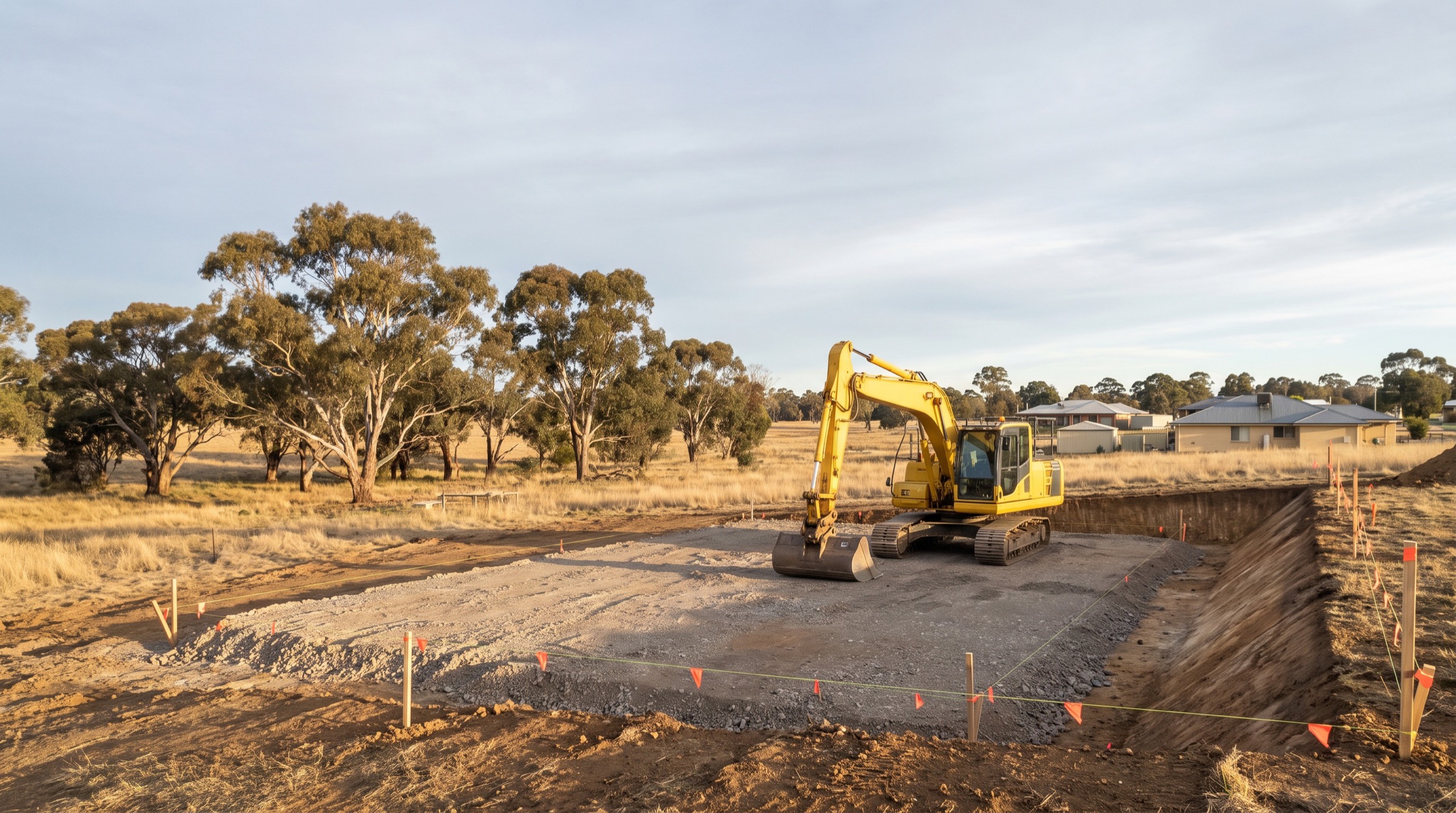 An excavator on a levelled gravel building pad beside a benched cut, gum trees and dry paddock behind