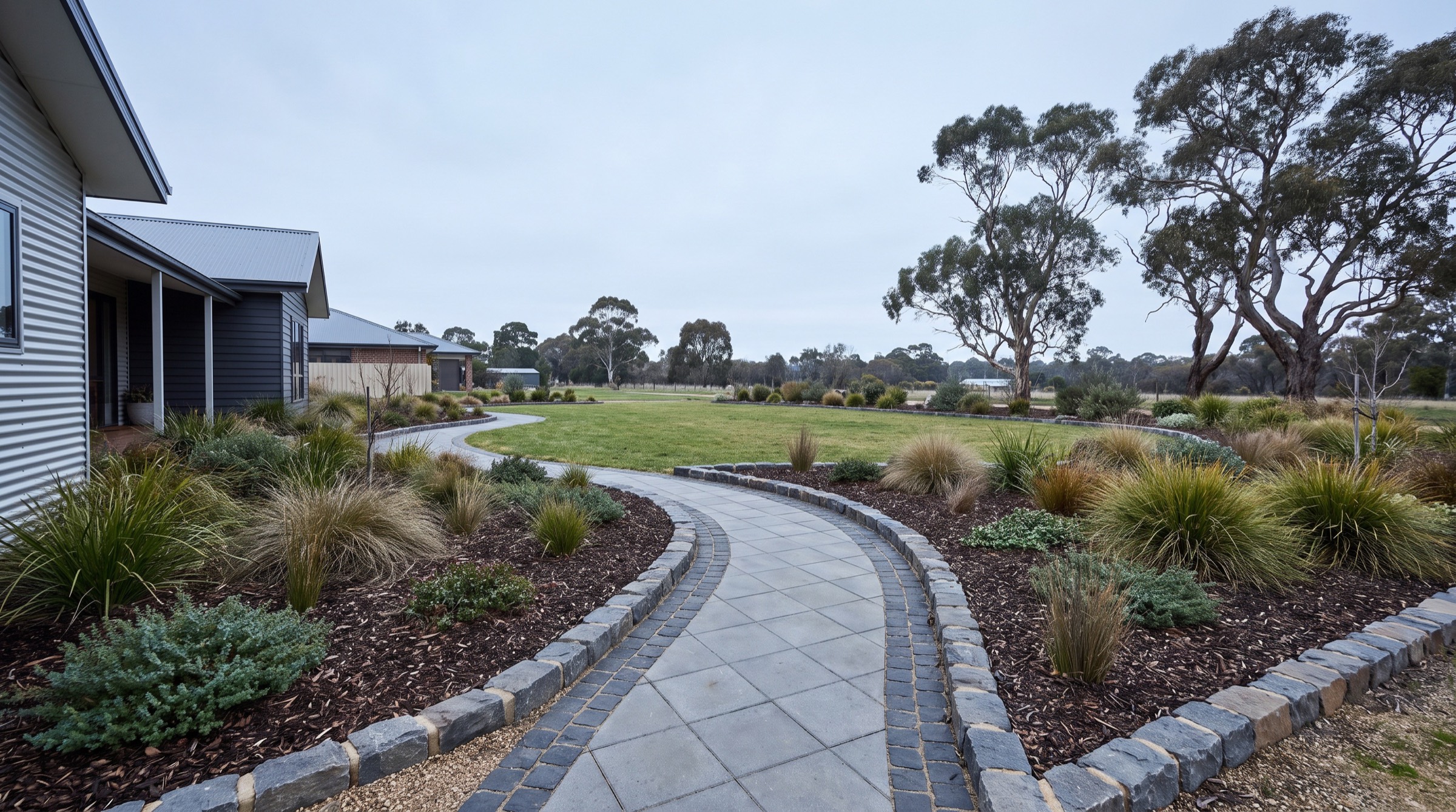 A paved path curving between mulched native garden beds beside a weatherboard home
