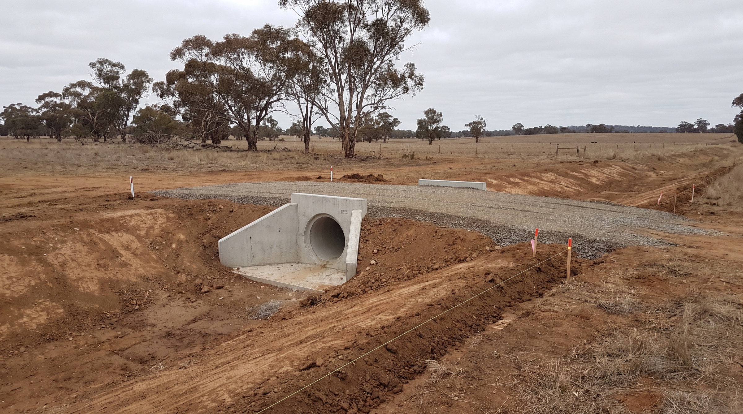 A concrete culvert headwall and pipe set into a new rural crossing, dry paddock beyond