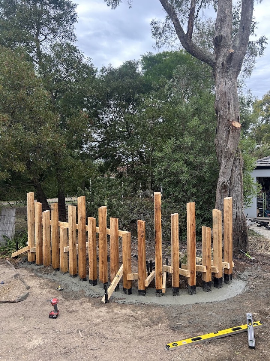 Upright timber posts set in fresh concrete forming a curved feature wall under a gum