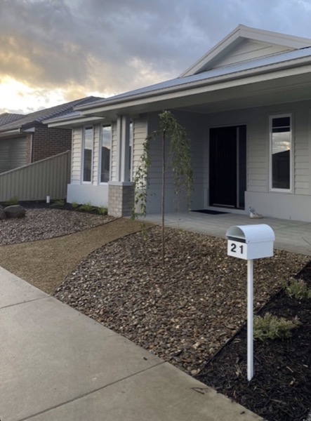 A new home frontage with pebble beds, a young tree and a paved path